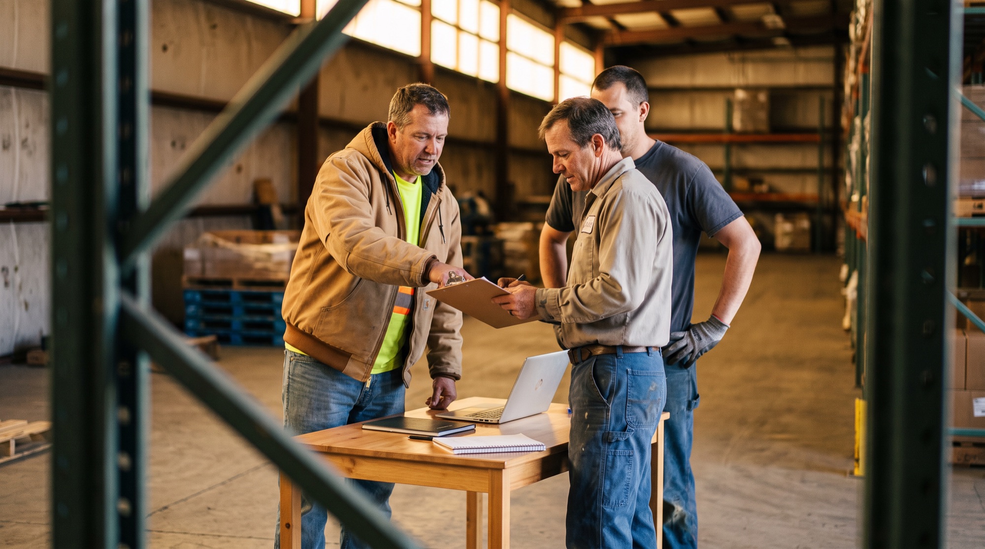 Supervisor pointing to a clipboard while reviewing details with two coworkers at a warehouse table