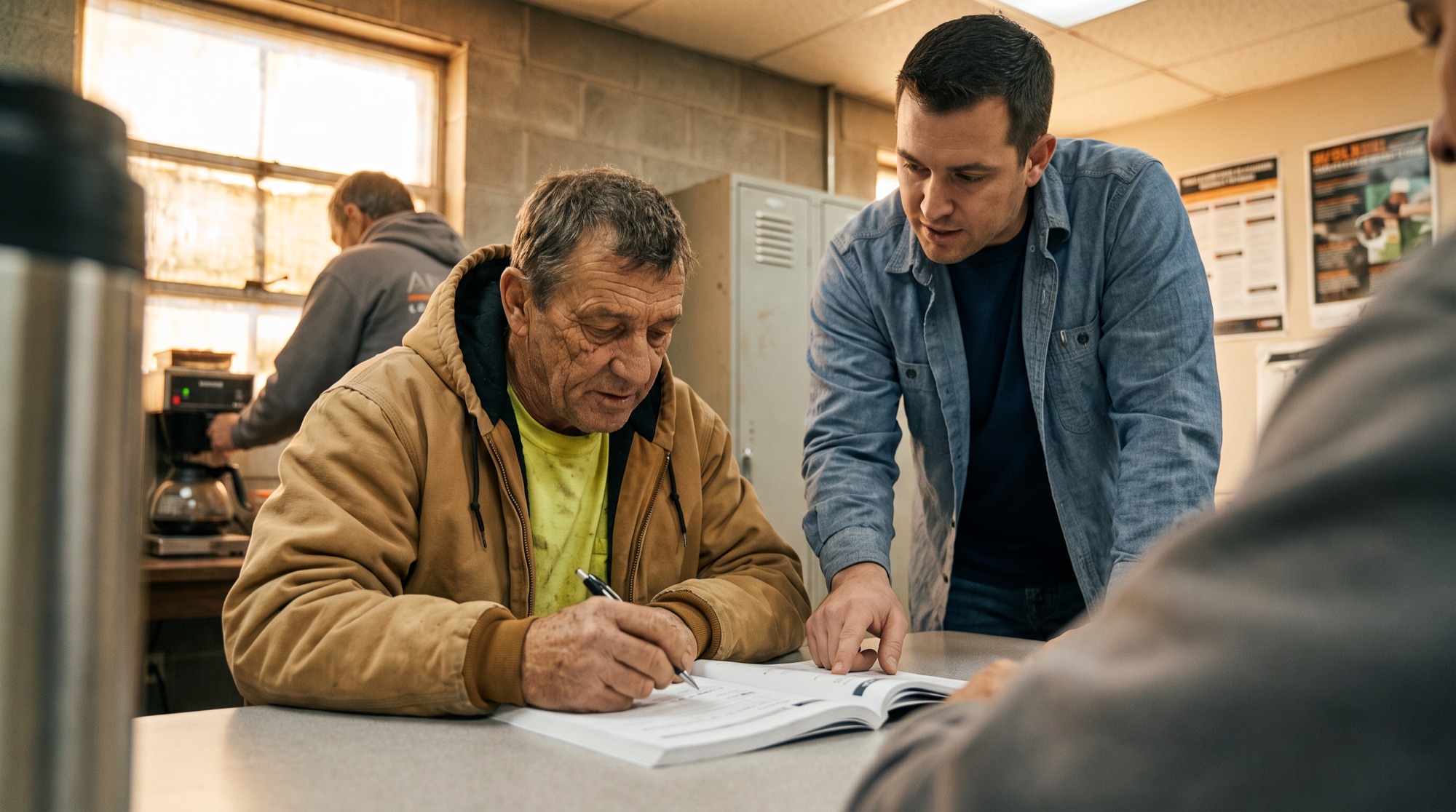 Mentor pointing to a workbook while a coworker fills it out at a break room table