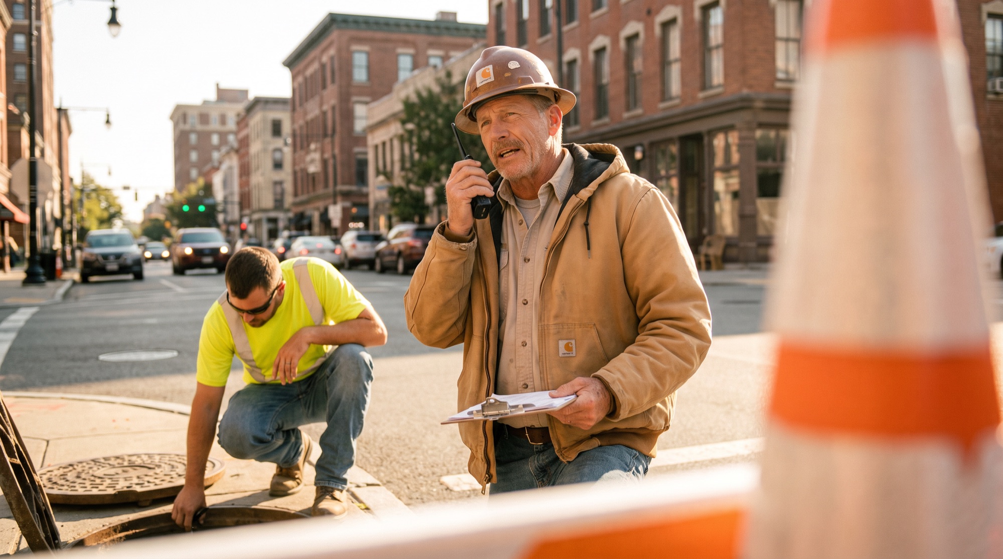 Supervisor speaking on a radio at an outdoor job site while a coworker works nearby