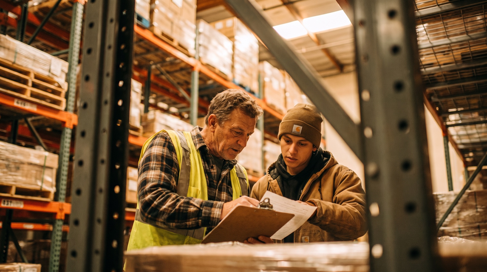 Supervisor reviewing a clipboard with two coworkers while gesturing toward warehouse shelving