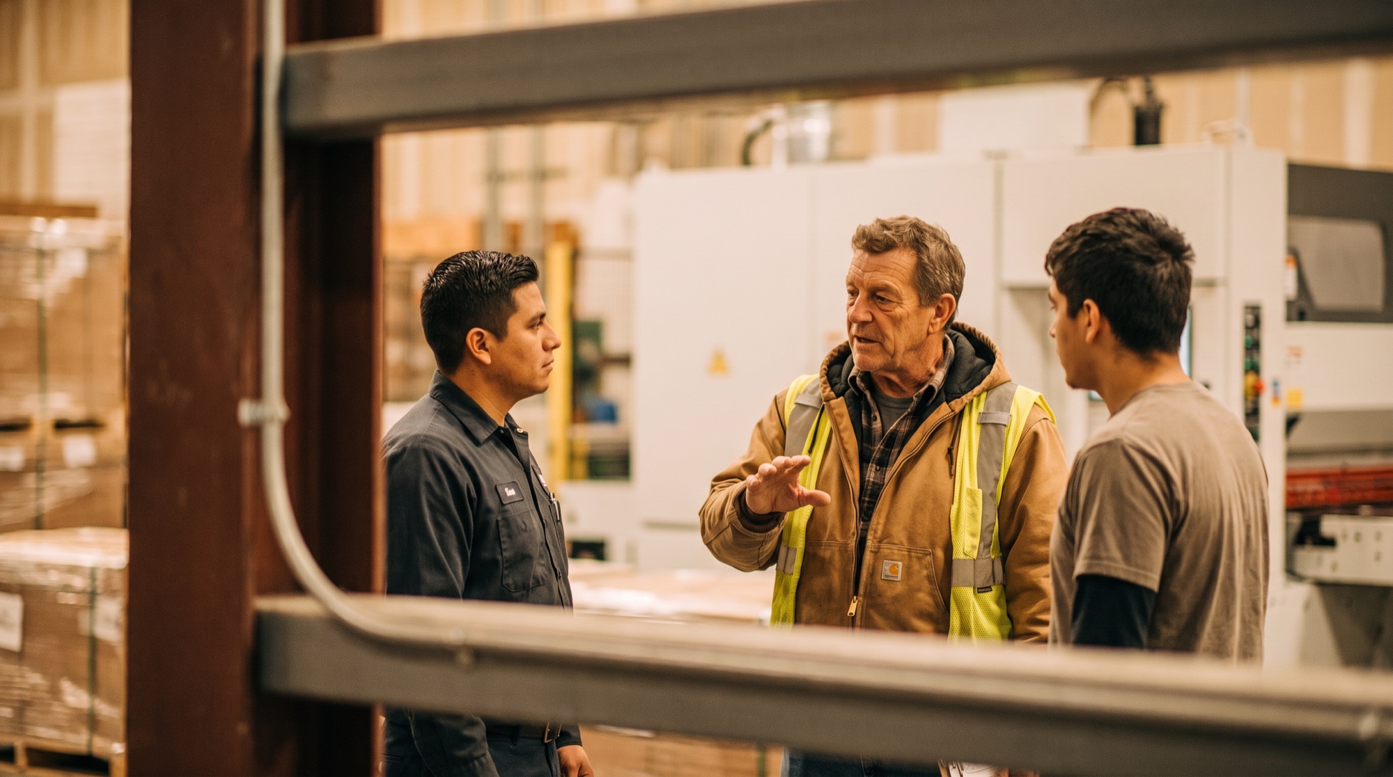 Supervisor gesturing while explaining a concept to two coworkers in a warehouse