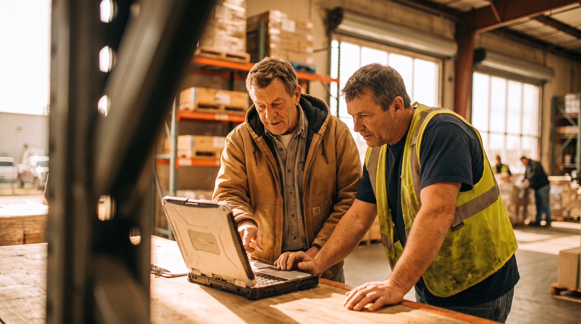 Two coworkers reviewing information together on a rugged laptop in a warehouse