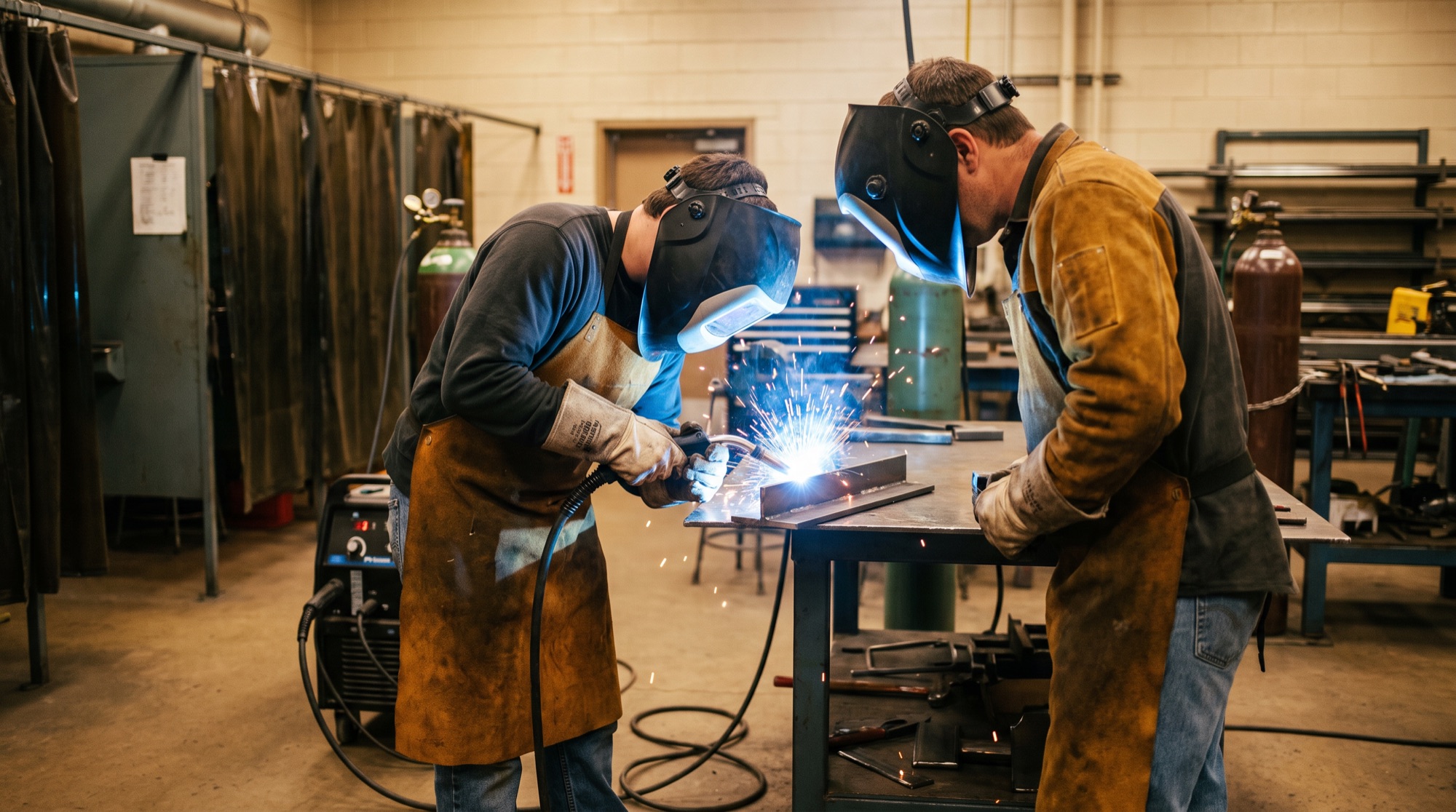 Two welding students working together at the same table, both wearing protective helmets