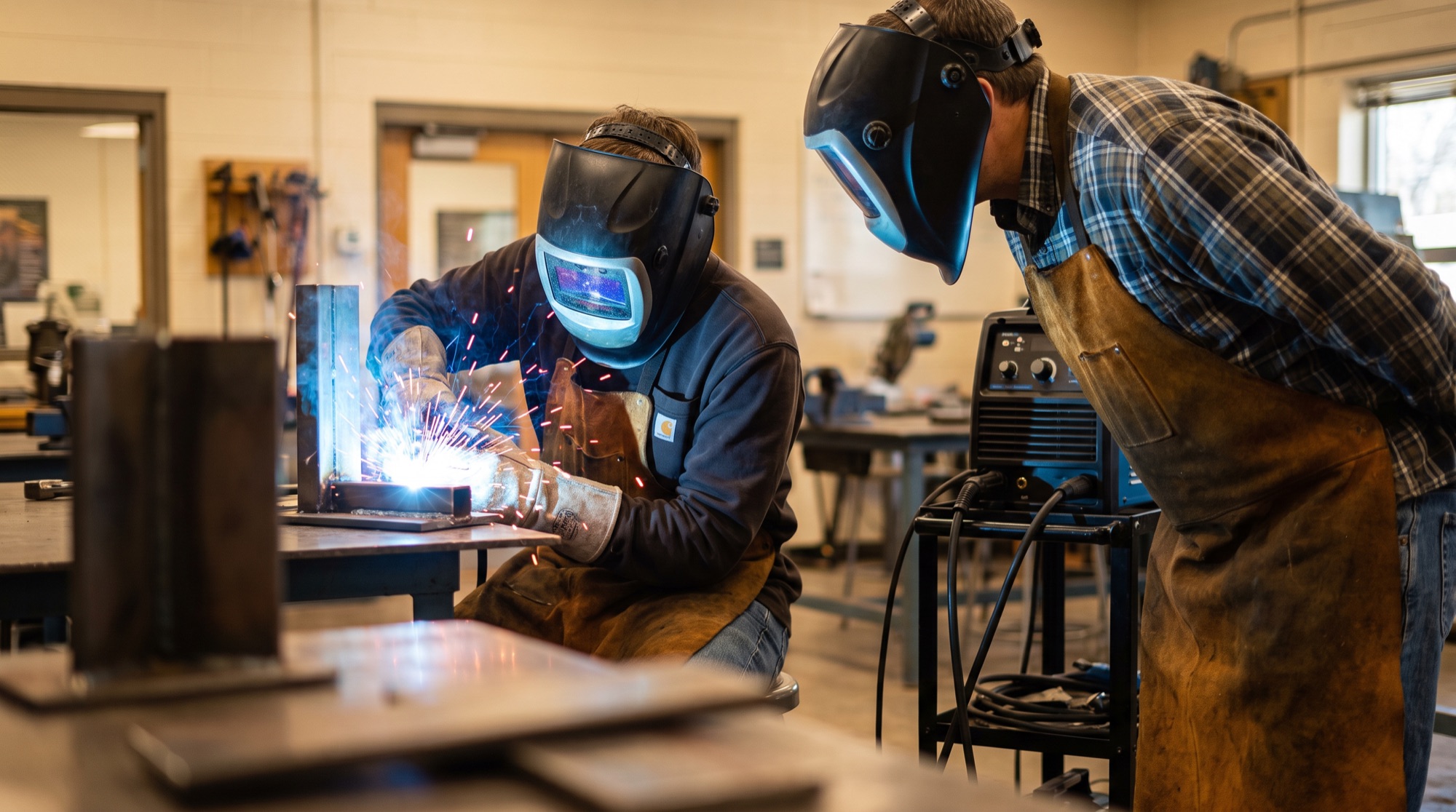 Two welding students working side by side at separate stations in a trade school workshop