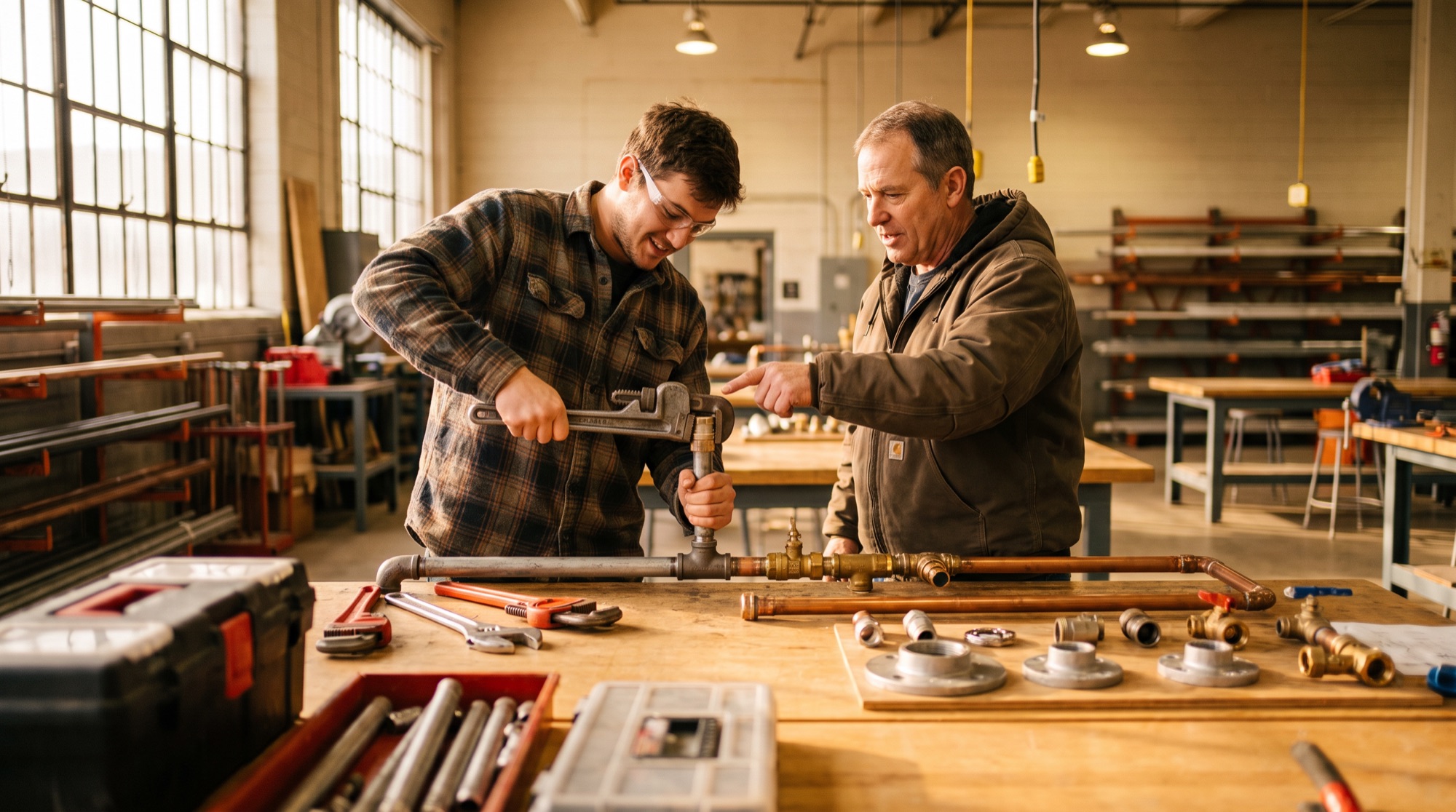 Instructor pointing out a detail on a pipe fitting assembly to an apprentice at a workbench