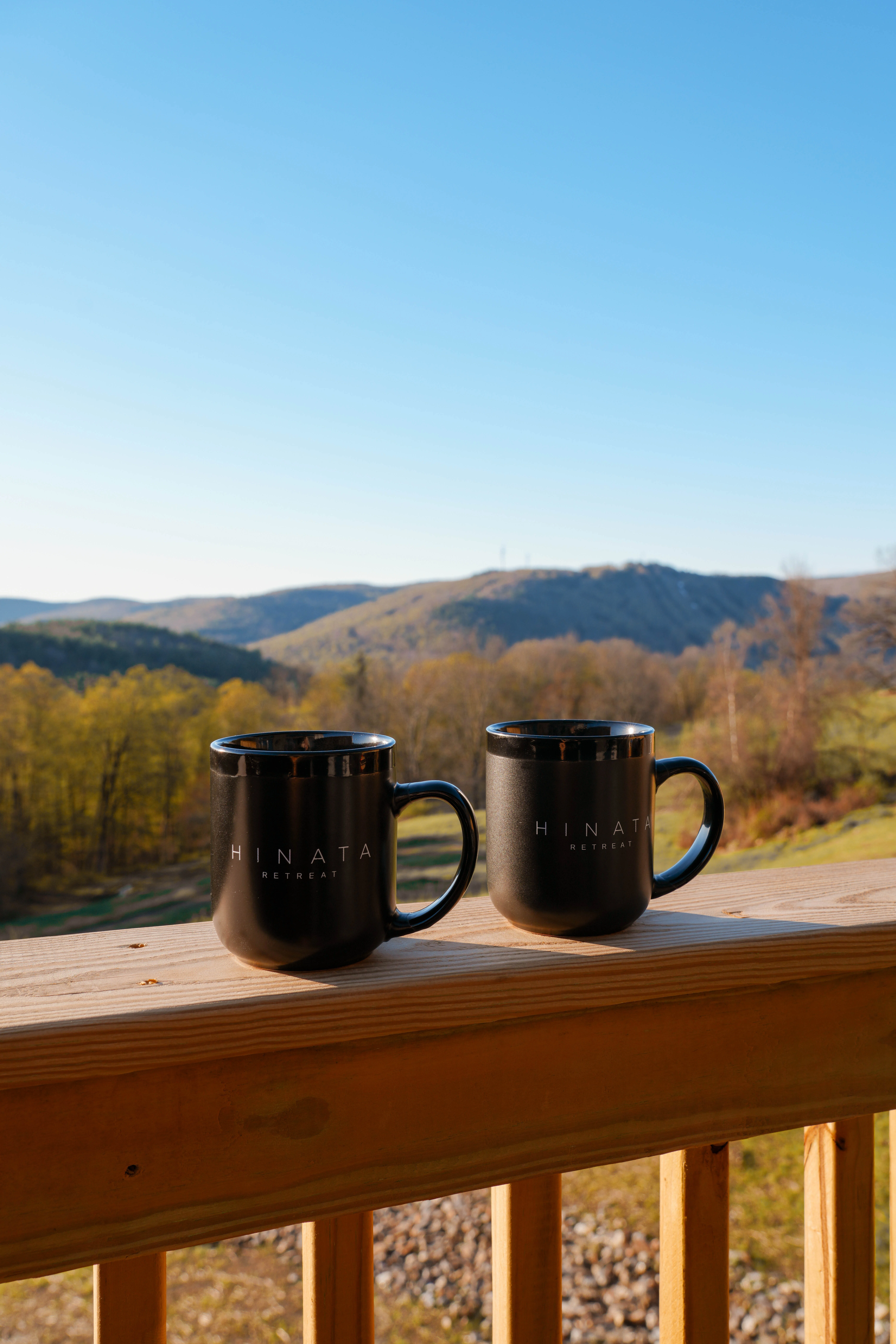 Two mugs on a deck railing at Hinata Retreat