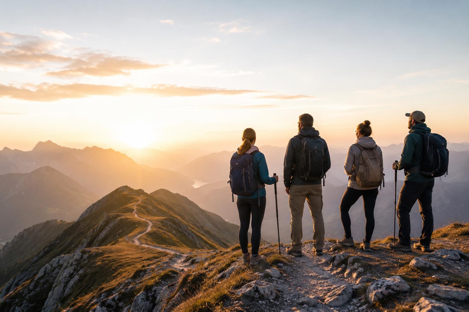 Four hikers overlooking a mountain summit, symbolizing the journey toward financial confidence and retirement success.
