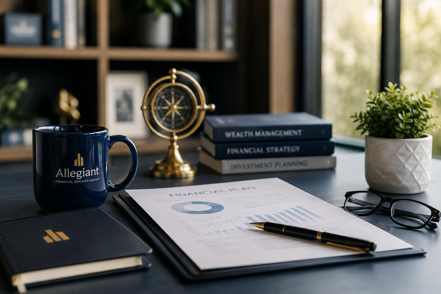 Financial planning workspace with investment reports, compass, and Allegiant Financial Services Group branding.
