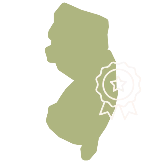 Green silhouette of New Jersey state with a white award ribbon on the right side.