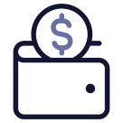 Icon of a wallet with a large dollar symbol coin dropping into it.
