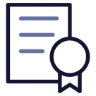 Icon of a certificate document with a ribbon or seal on the lower right side.