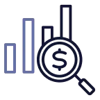 Bar chart with three vertical bars next to a magnifying glass highlighting a dollar sign.