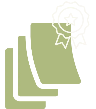 Stack of stylized documents with a ribbon seal on the top right document.