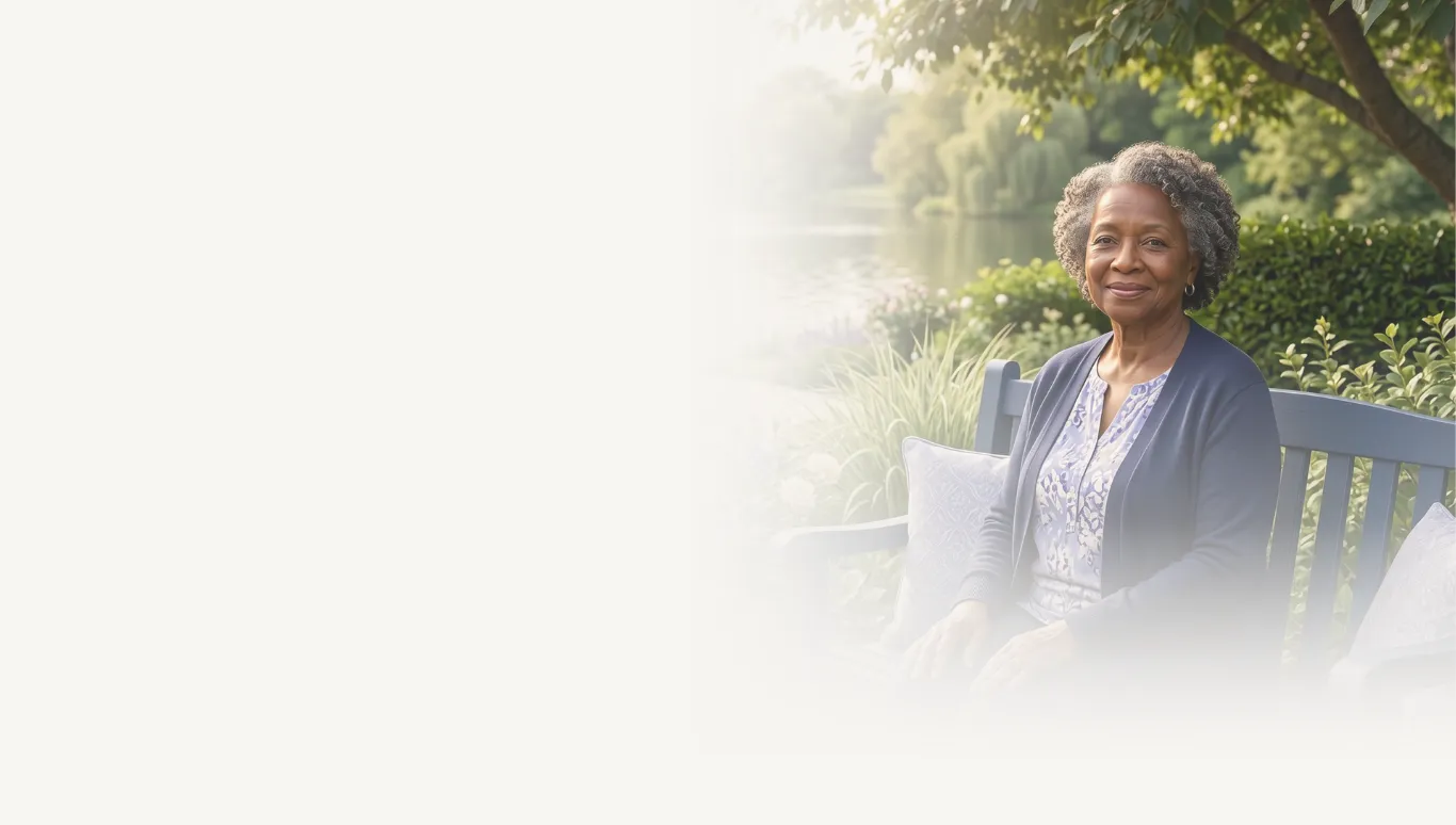Smiling older woman sitting on a bench in a garden near a pond, framed by trees and bushes.