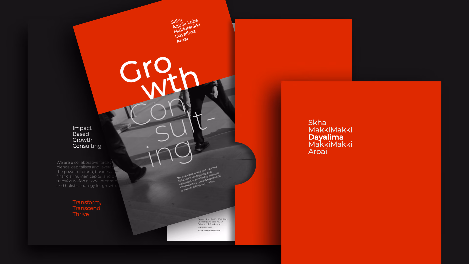 Three overlapping red and black promotional cards for a consulting firm named Skha MakkiMakki Dayalima MakkiMakki Aroai, featuring the phrase 'Growth Consulting' and highlighting impact-based growth consulting services.