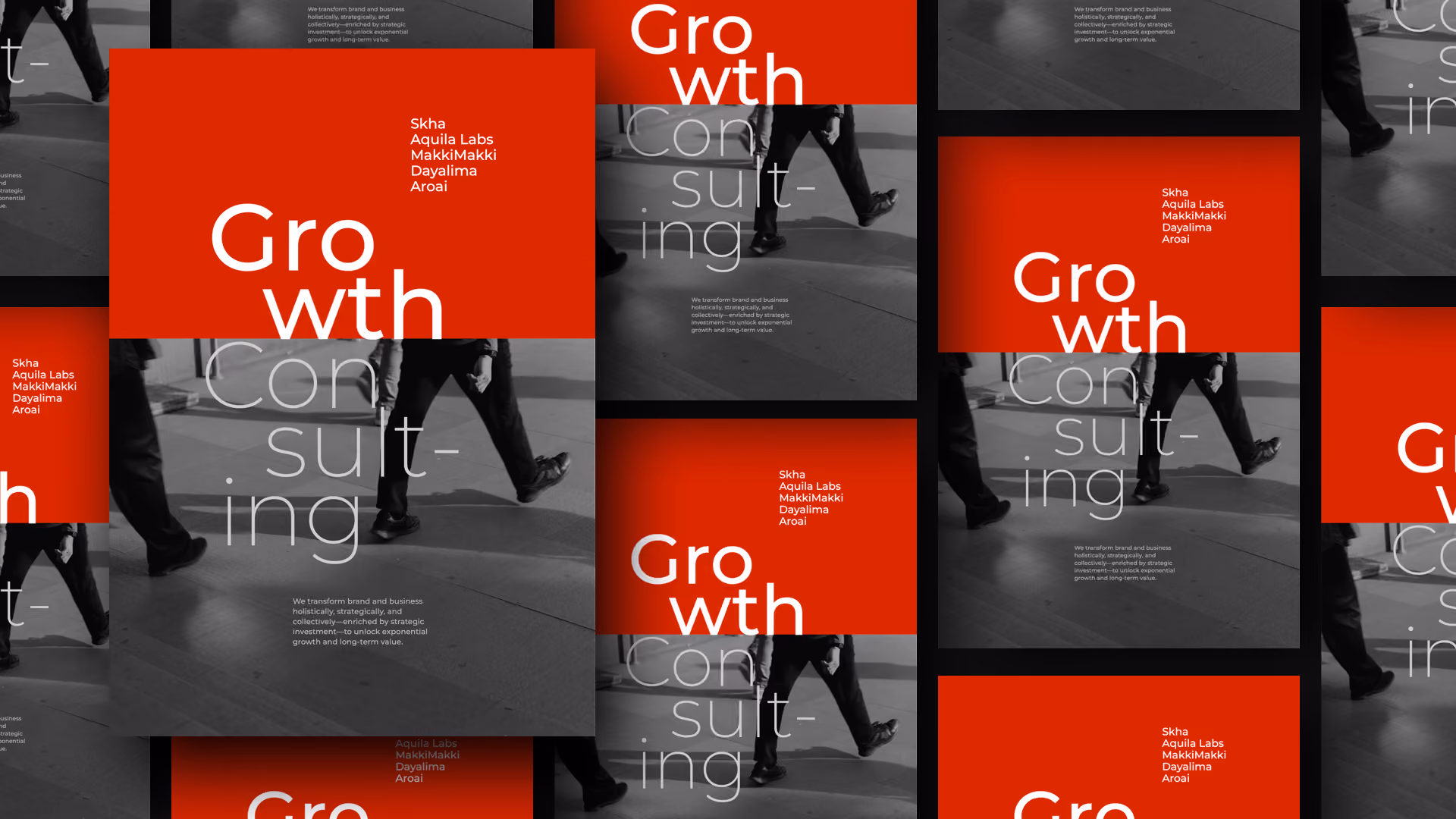 Repeated pattern of a poster with a grayscale image of a person walking and red overlay blocks containing white text that reads 'Growth Consulting' and lists Skha, Aquila Labs, MakkiMakki, Dayalima, and Aroai.