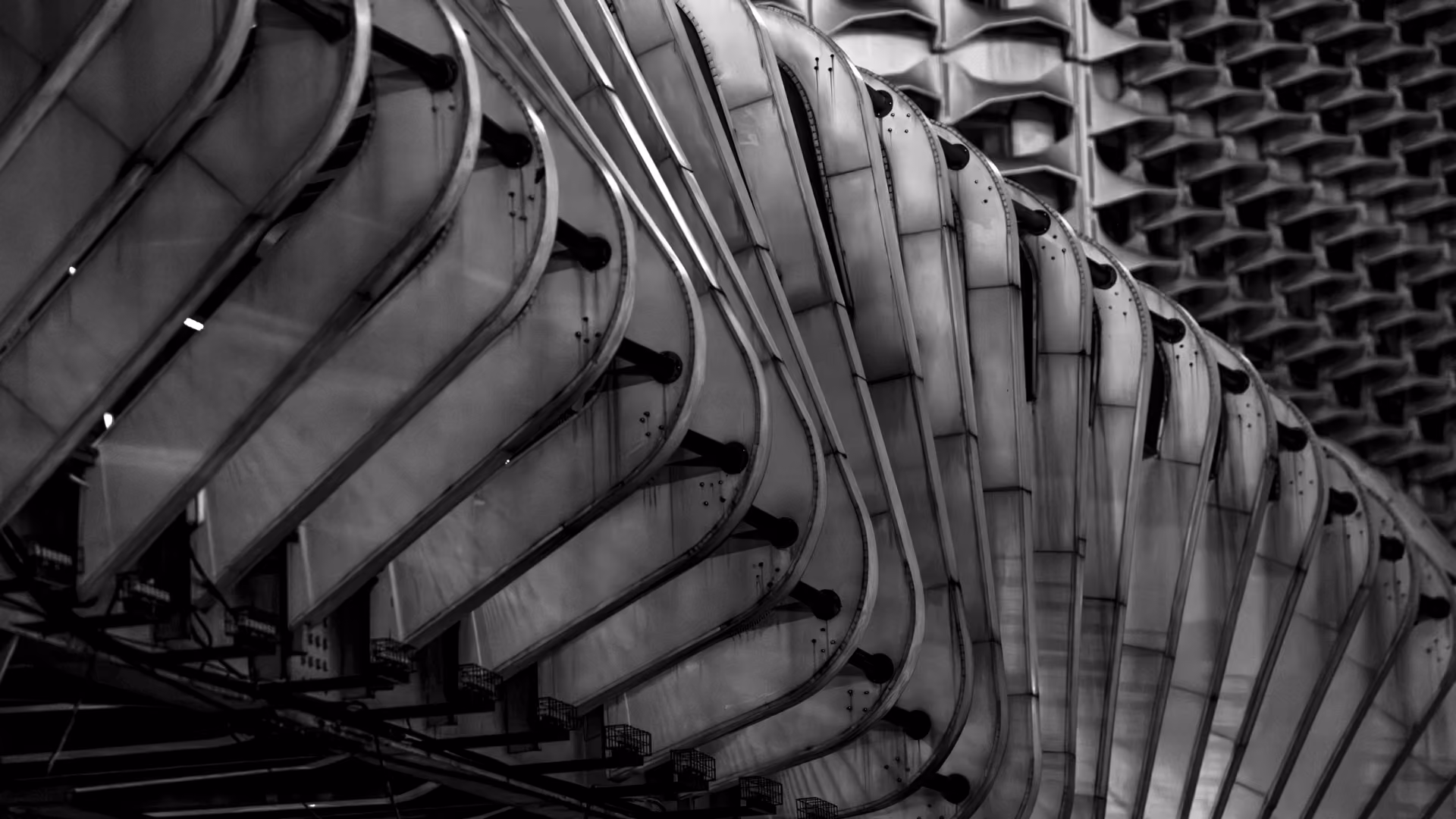 Black and white abstract close-up of curved, ribbed architectural structure with repeating patterns and shadows.
