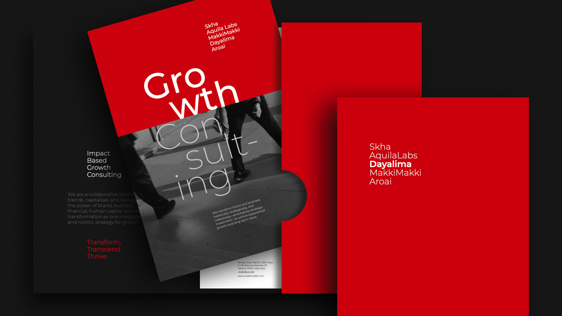Two overlapping red cards on a dark background with text listing companies Skha, Aquila Labs, MakkiMakki, Dayalima, and Aroai, highlighting Dayalima in bold; a tilted brochure partly visible features a black-and-white photo of walking legs and large white text split in two lines reading 'Growth Consulting', alongside descriptions about impact-based growth consulting and a tagline 'Transform, Transcend, Thrive'.