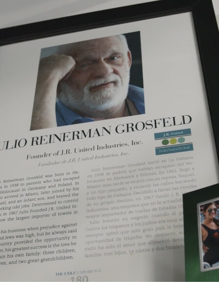 Portrait of Julio Reinerman Grosfeld with text about his life and role as founder of J.R. United Industries.