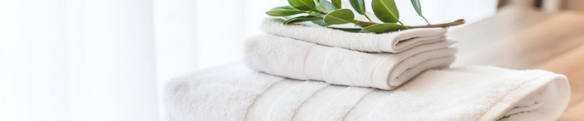 Stack of white folded towels with a green leafy branch on a wooden surface.