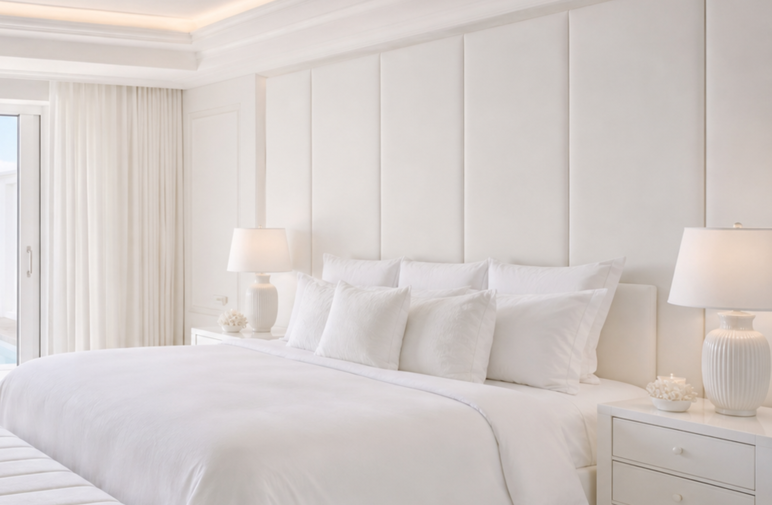 Minimalist white bedroom with large bed, multiple pillows, lamps, and sheer curtains near sliding door.