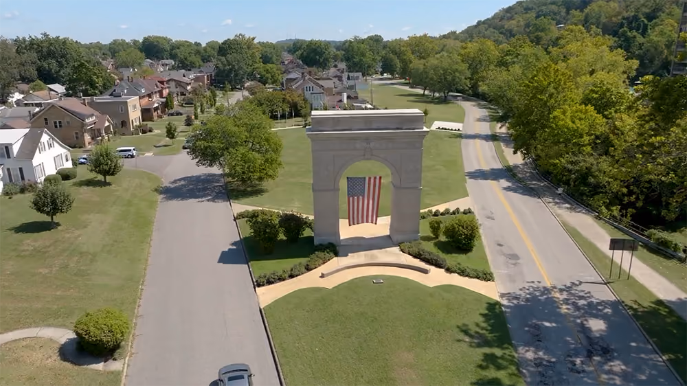Drone shot of Memorial Arch in Huntington, WV