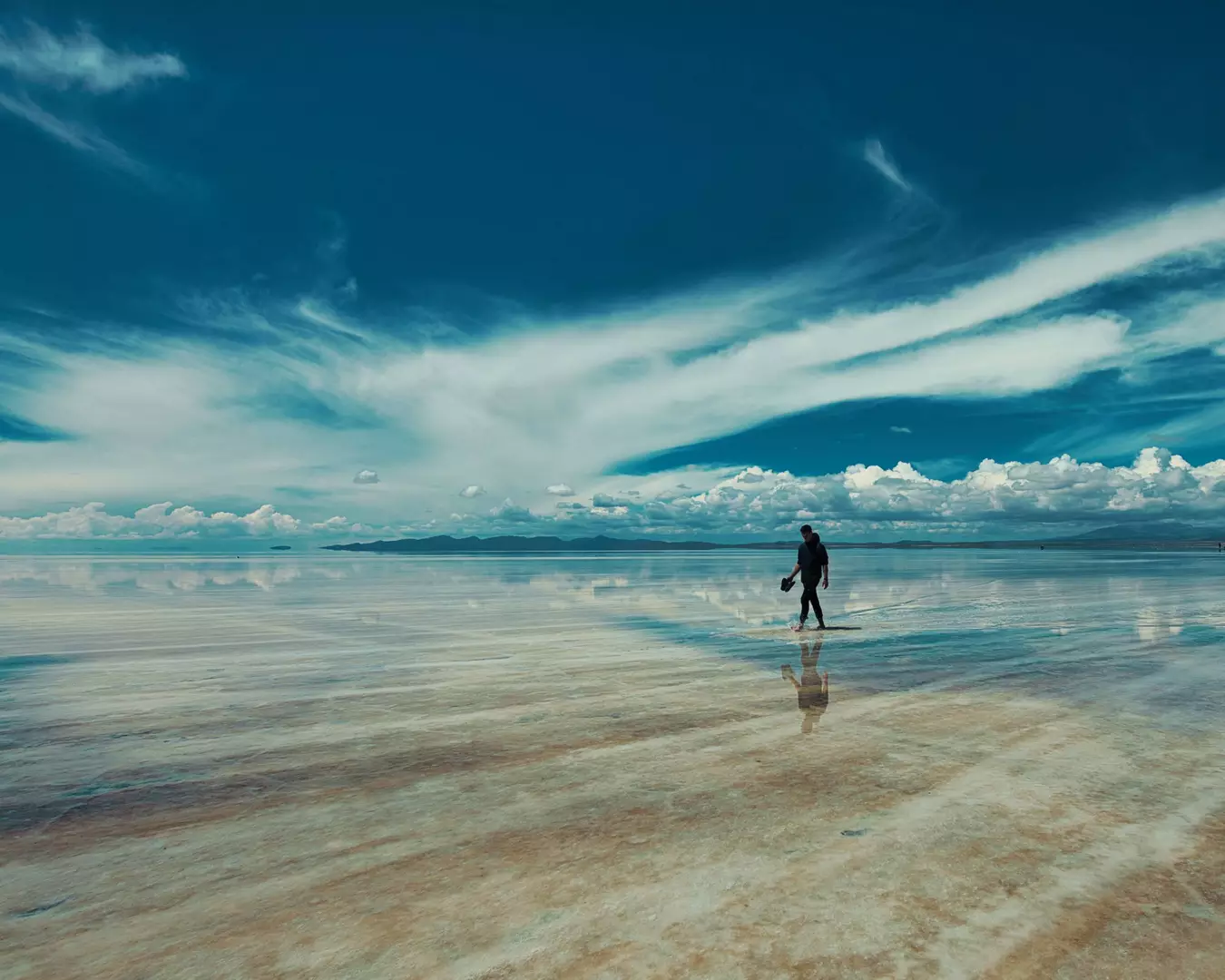 Photo of Salar de Uyuni mirror effect man walking reflection. Uyuni Salt Flats tour, Bolivia