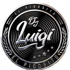 Black circular logo with vinyl record design and text 'DJ Luigi El Picosito' around it. DJ Luigi logo