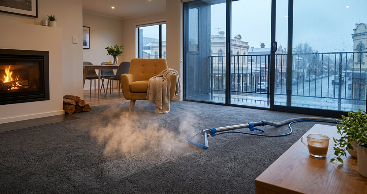 The picture shows a Perski employee steam cleaning a carpet in Melbourne on a cold winters day.