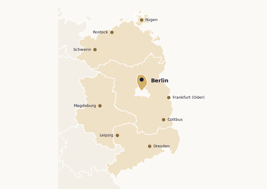 Karte des Einsatzgebiets Nord-Ost — Berlin, Brandenburg, Mecklenburg-Vorpommern, Sachsen und Sachsen-Anhalt mit Standortmarkierung Berlin
