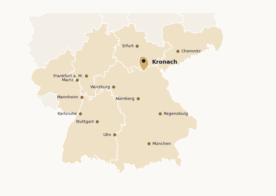 Karte des Einsatzgebiets Süd — Bayern, Baden-Württemberg, Hessen, Rheinland-Pfalz, Thüringen und Sachsen mit Standortmarkierung Kronach