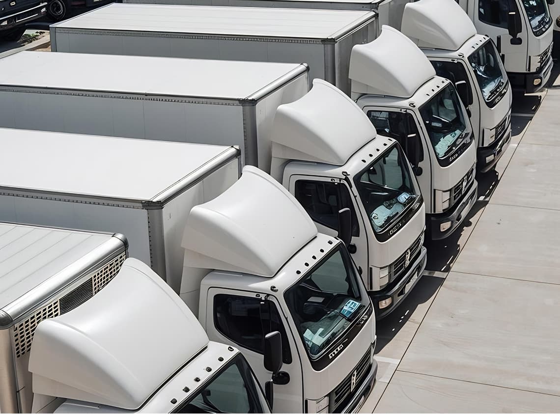 Row of white delivery trucks parked side by side on a concrete lot viewed from above.
