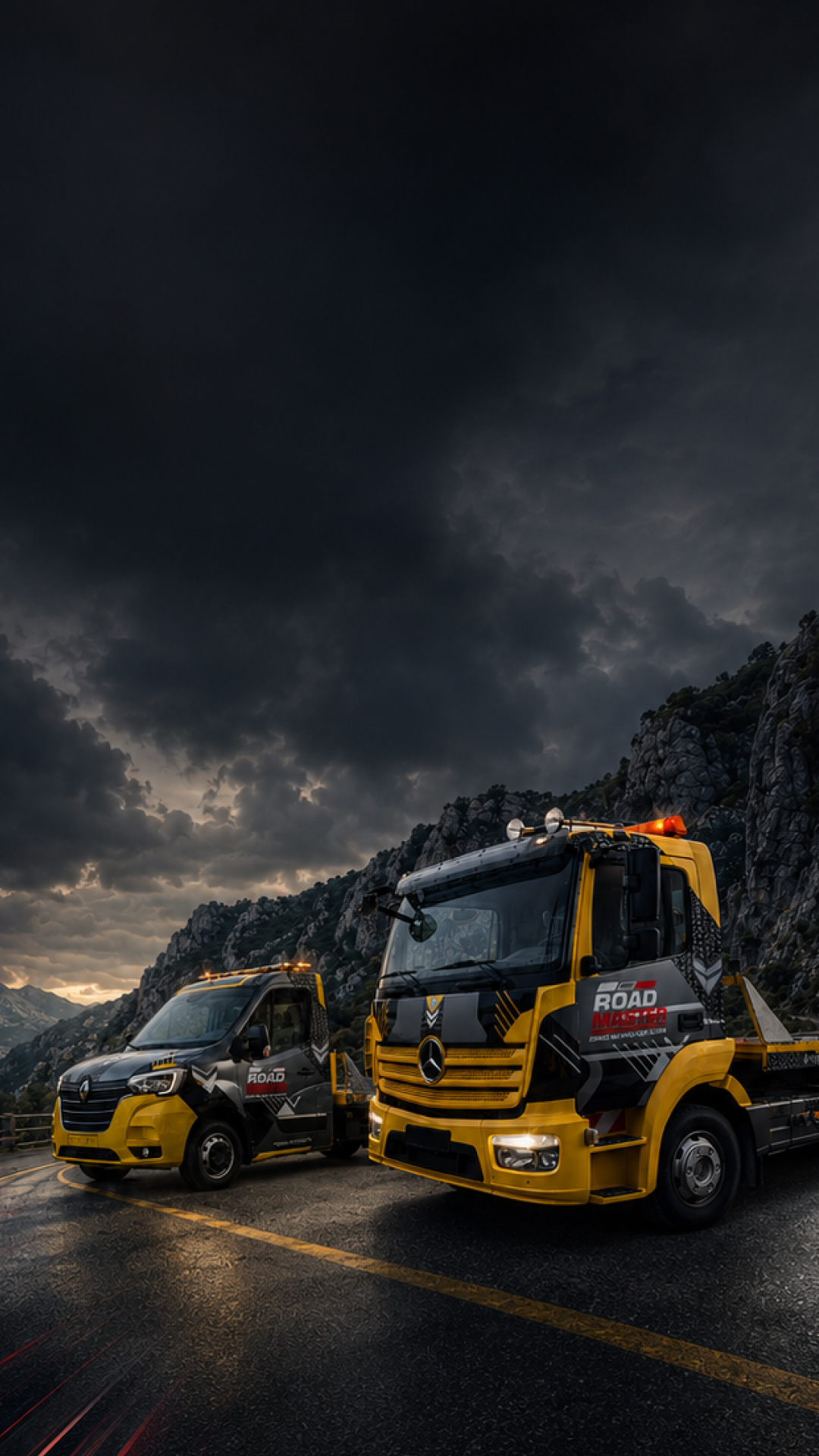 Two yellow and black tow trucks parked on a mountain road under dark cloudy sky at dusk.