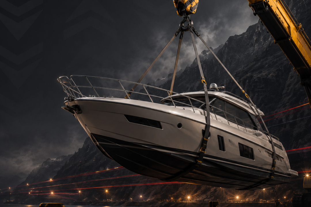 Large white yacht being lifted by crane against a dark mountainous night sky.