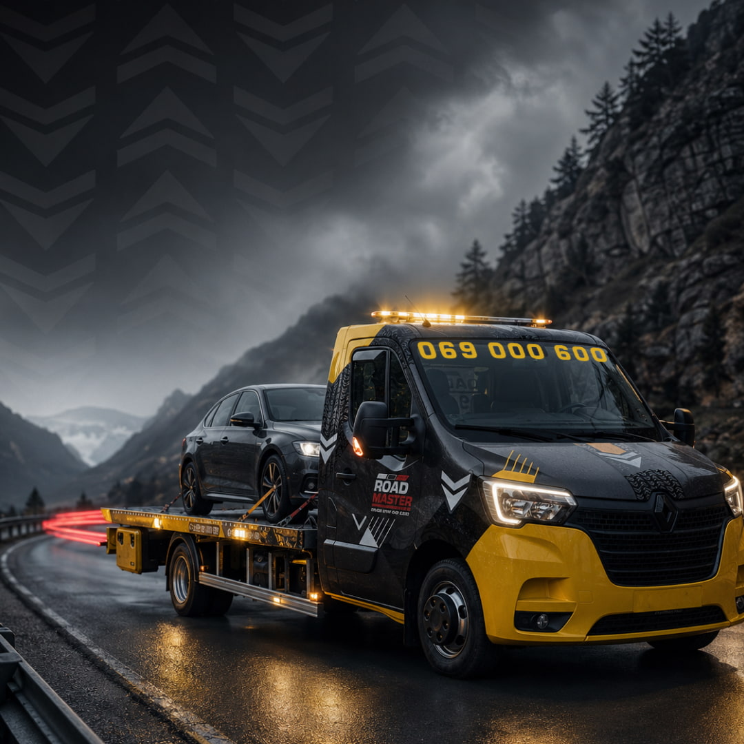 Yellow and black tow truck carrying a black car on a wet mountain road at dusk.