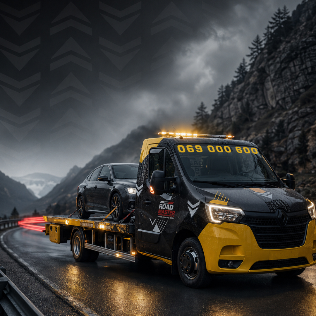 Yellow and black tow truck carrying a black car on a wet mountain road at dusk.
