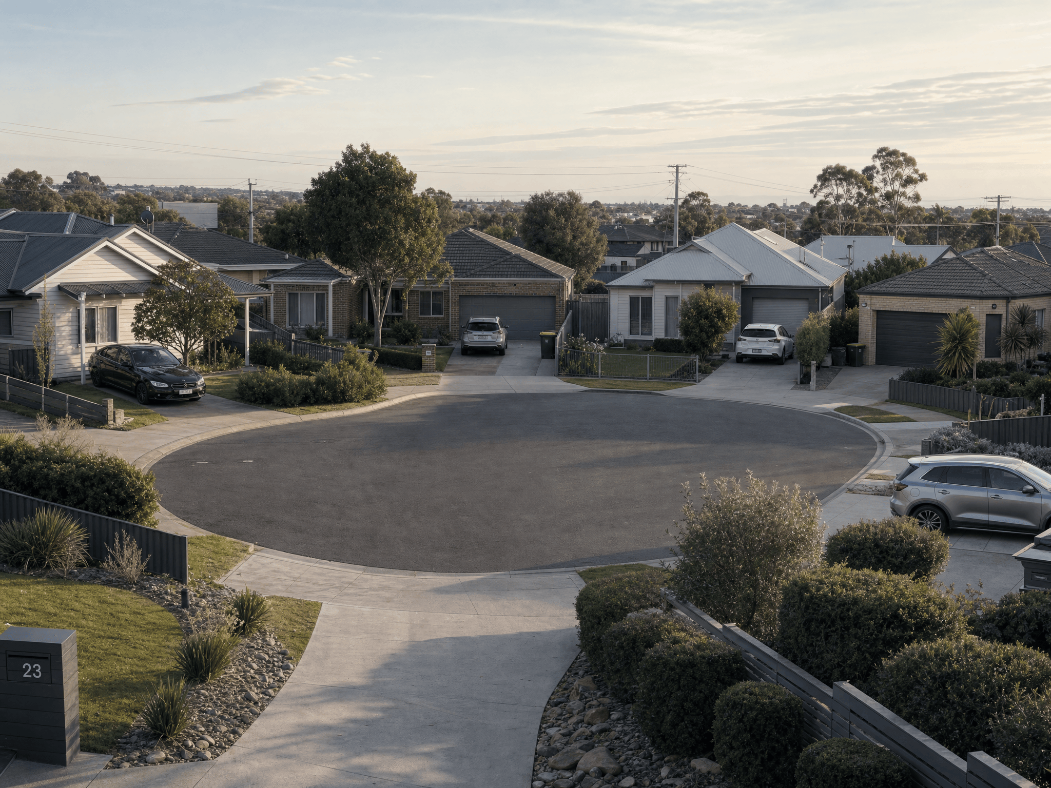 Australian cul-de-sac in Corio with modest houses and parked cars, reflecting practical choices made by first-home buyers, investors and budget-conscious buyers.