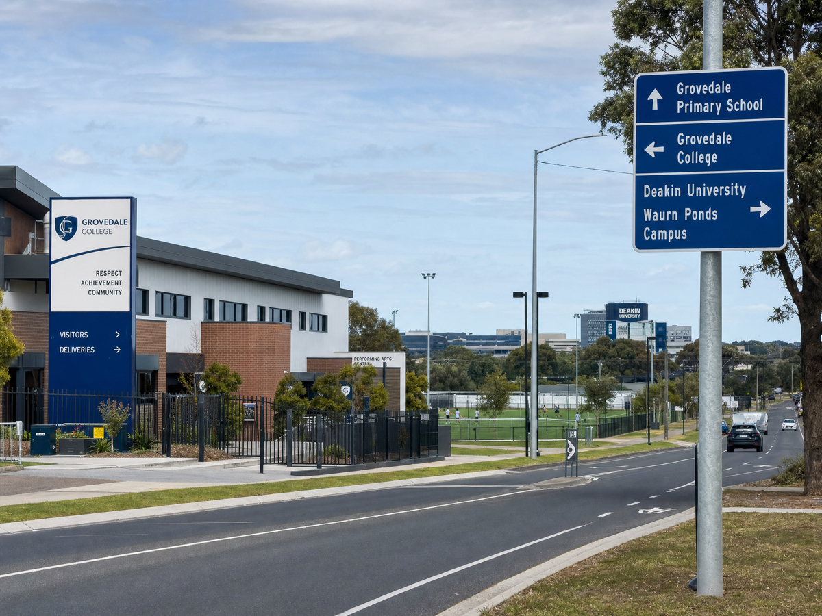 Australian school and sports field beside a modest suburban road in Grovedale, showing practical access to education and services for tenants and investors.