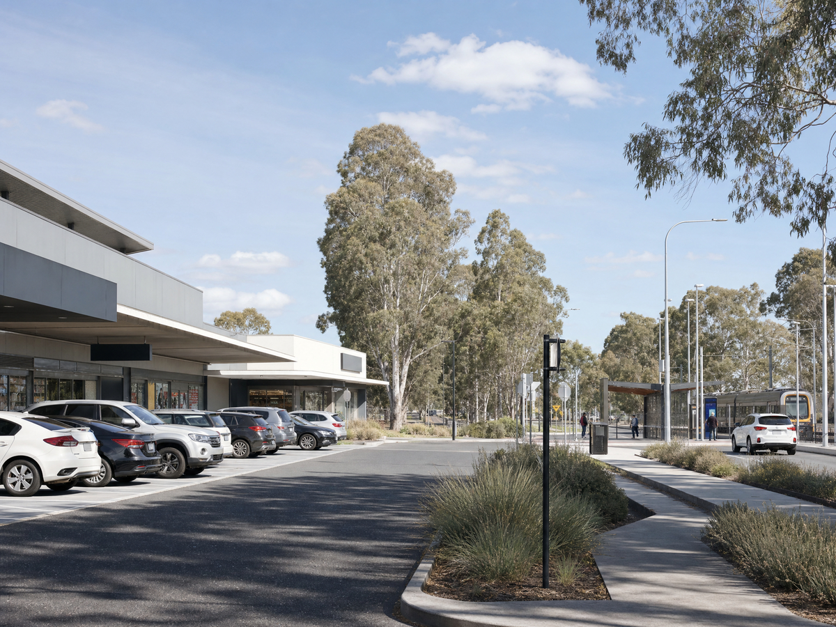 Modest Australian shopping centre and nearby transport routes in Grovedale, showing the mix of amenity and access that supports a broad tenant base.