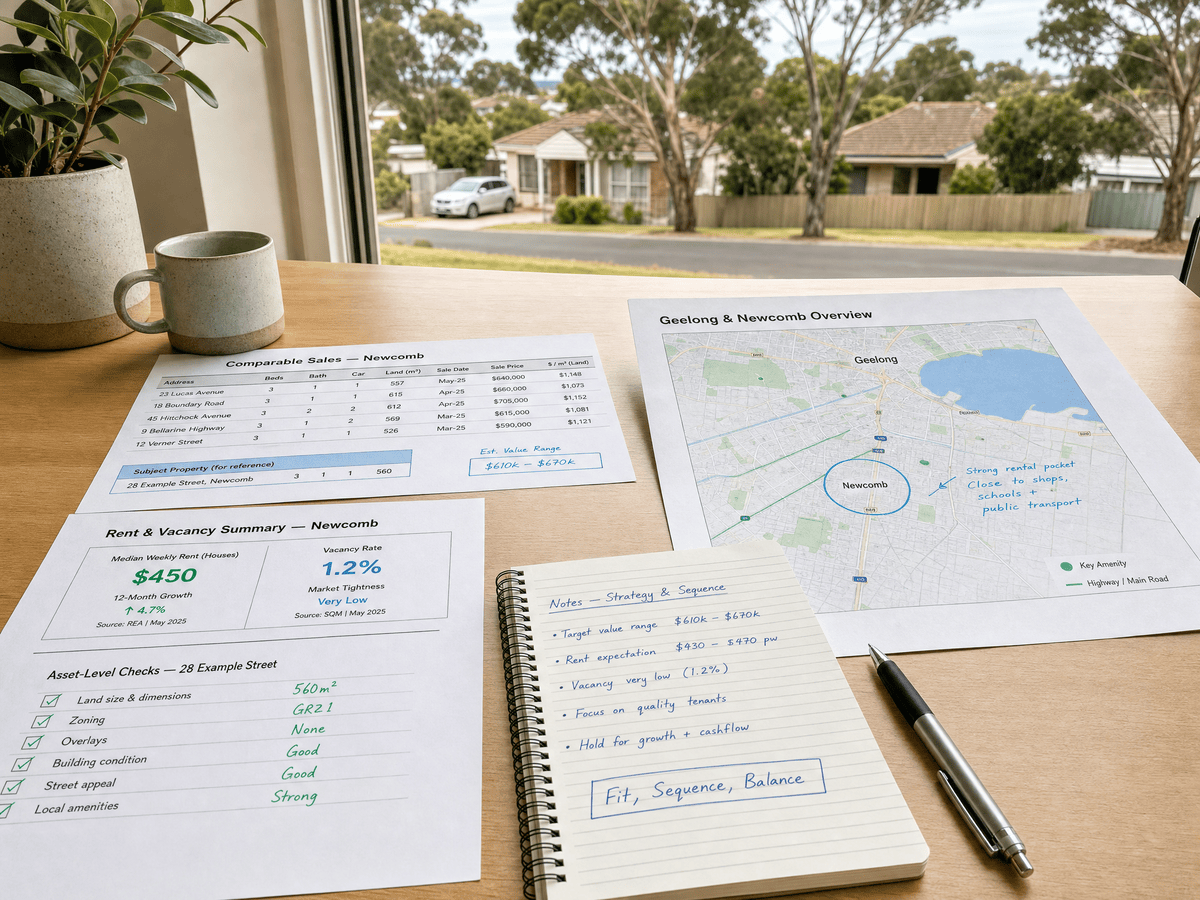 Property data printouts and a marked Geelong map on a neat table with a modest Newcomb street visible through the window, illustrating disciplined checks and balanced outlook before buying.