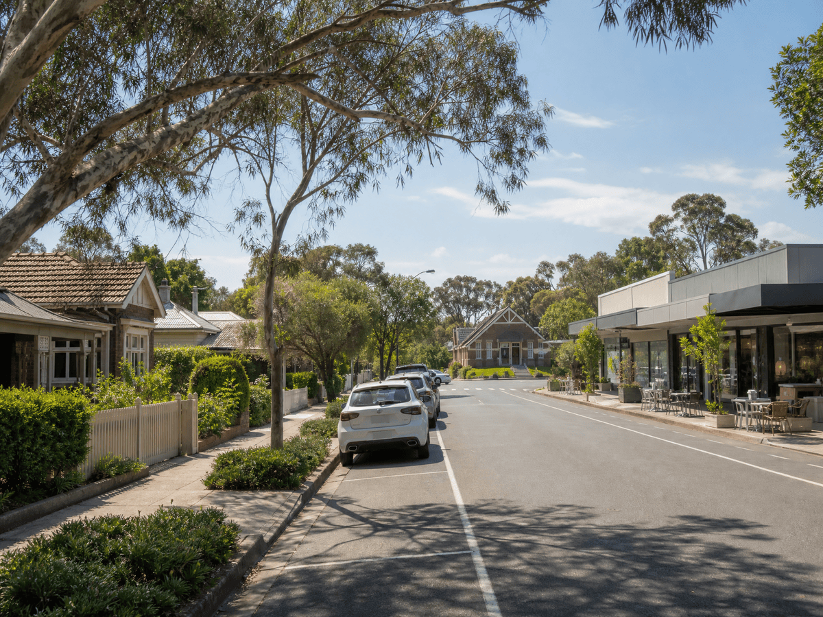 Established Australian street in Herne Hill with modest homes, trees and a small local shopping strip, showing everyday amenity and family-friendly character.