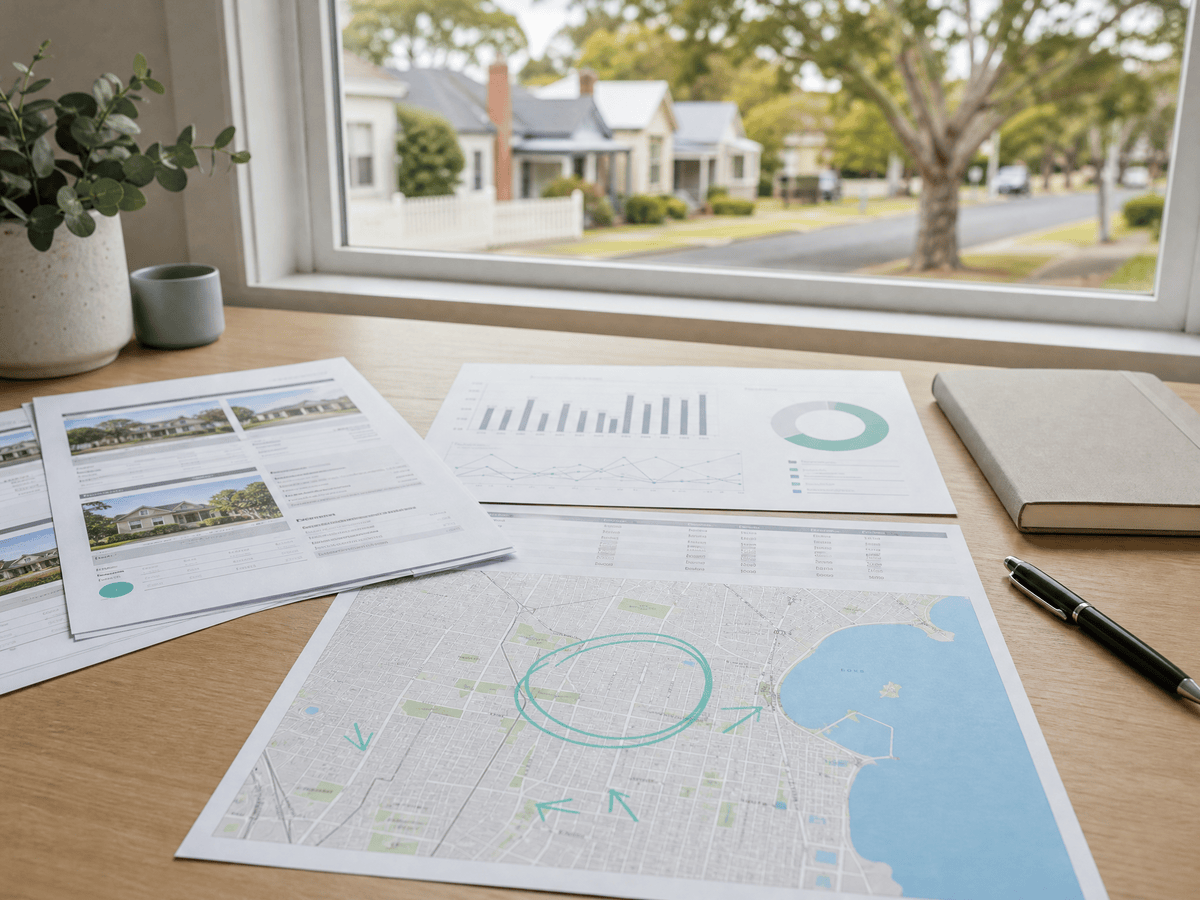 Property data and a marked Herne Hill map on a neat table with an established suburban street visible through the window, illustrating disciplined checks and structured planning before buying.