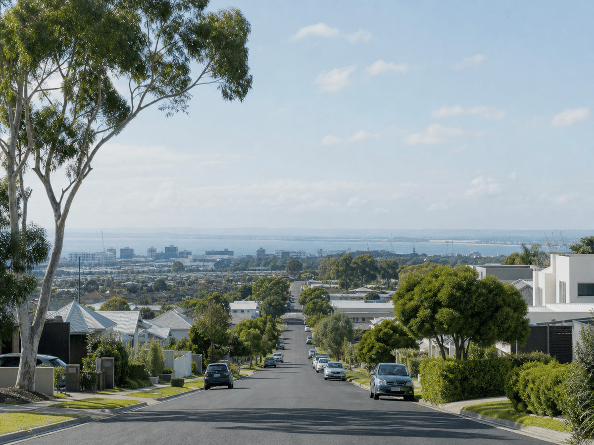 St Albans Park street gently sloping towards distant Geelong and coastal horizon, showing a quiet residential setting with convenient access