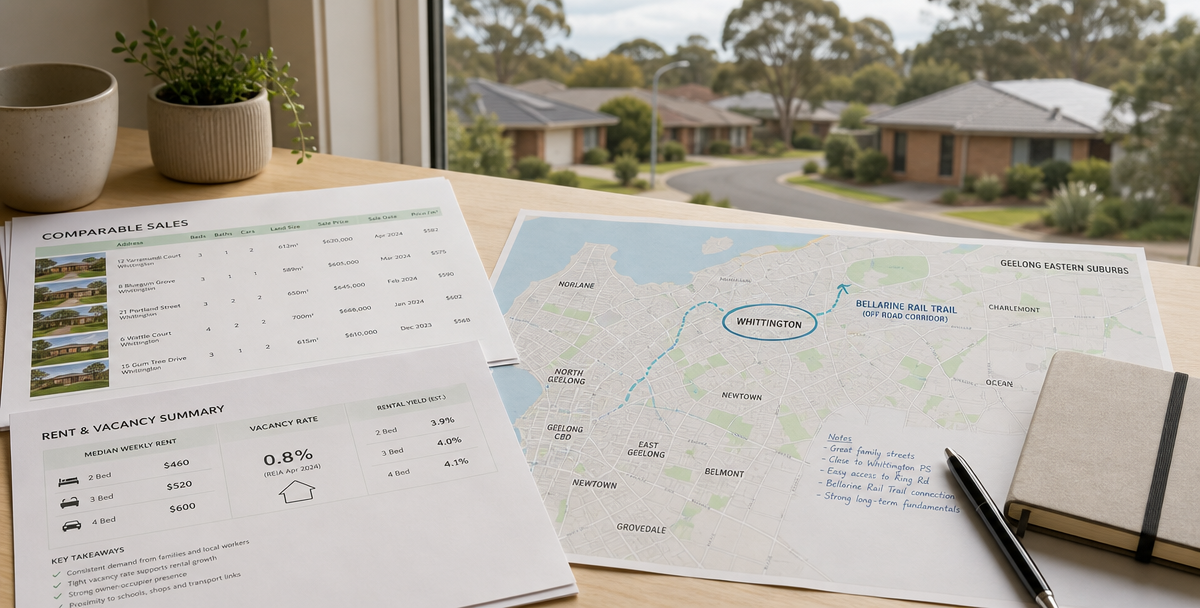 Property data and a marked map of Whittington and eastern Geelong on a neat table , with a quiet cul-de-sac visible through the window, illustrating disciplined checks before buying. B