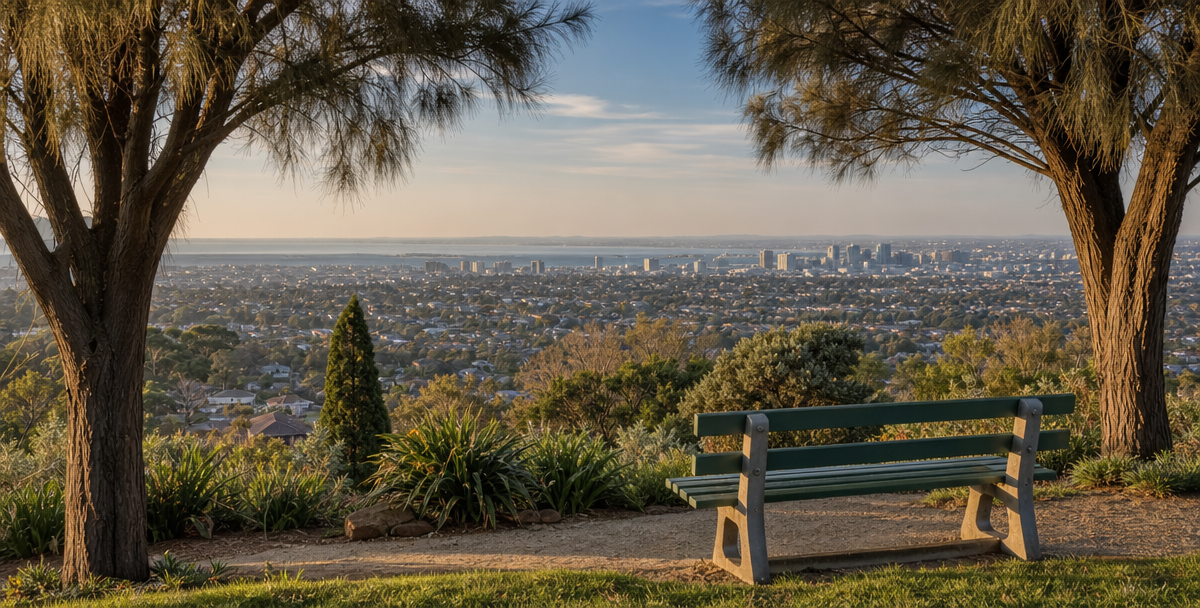 Elevated view from Highton's hilltop terrain over Geelong toward Corio Bay, reflecting the suburb's steady, fundamentals-driven long-term outlook