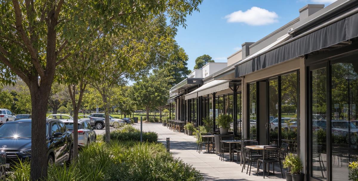 Village-scale shopping strip with café seating and tree-lined footpath in Highton, reflecting the lifestyle amenity that supports a broad tenant and owner-occupier base