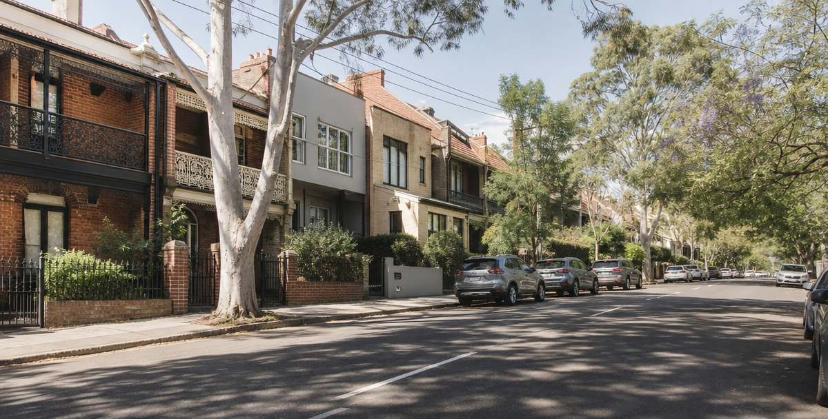 Quiet established terrace-style street in Sydney, reflecting the tightly held, premium end of the NSW market.