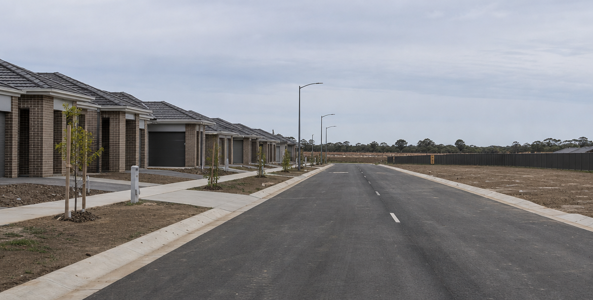 Row of near-identical new homes and vacant blocks on a growth-corridor street, signalling the oversupply and concentration risk investors should watch.