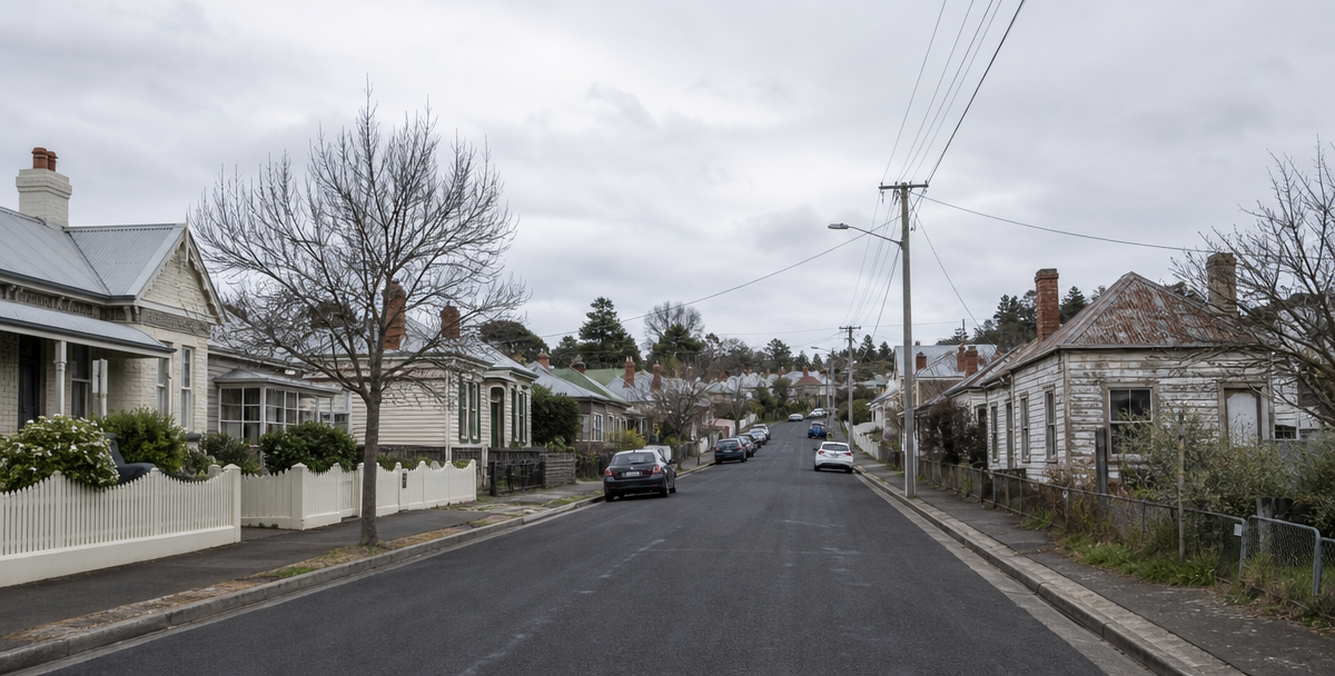 A Launceston street showing visibly varied dwelling condition from one end to the other, signalling the suburb- and street-level fragmentation investors should weigh.png