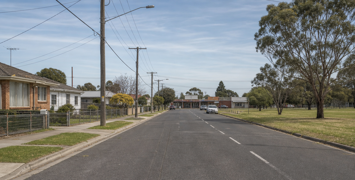 Modest, affordable residential street in Norlane with a small local shopping strip, reflecting the suburb's practical entry-level appeal.